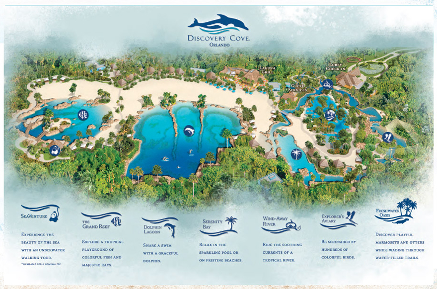 Map of Discovery Cove at SeaWorld Attractions